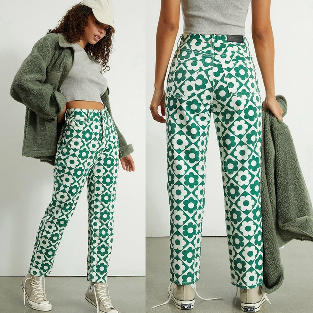 PACSUN Green & White Daisy High Waisted Straight Leg Preppy Jeans 23